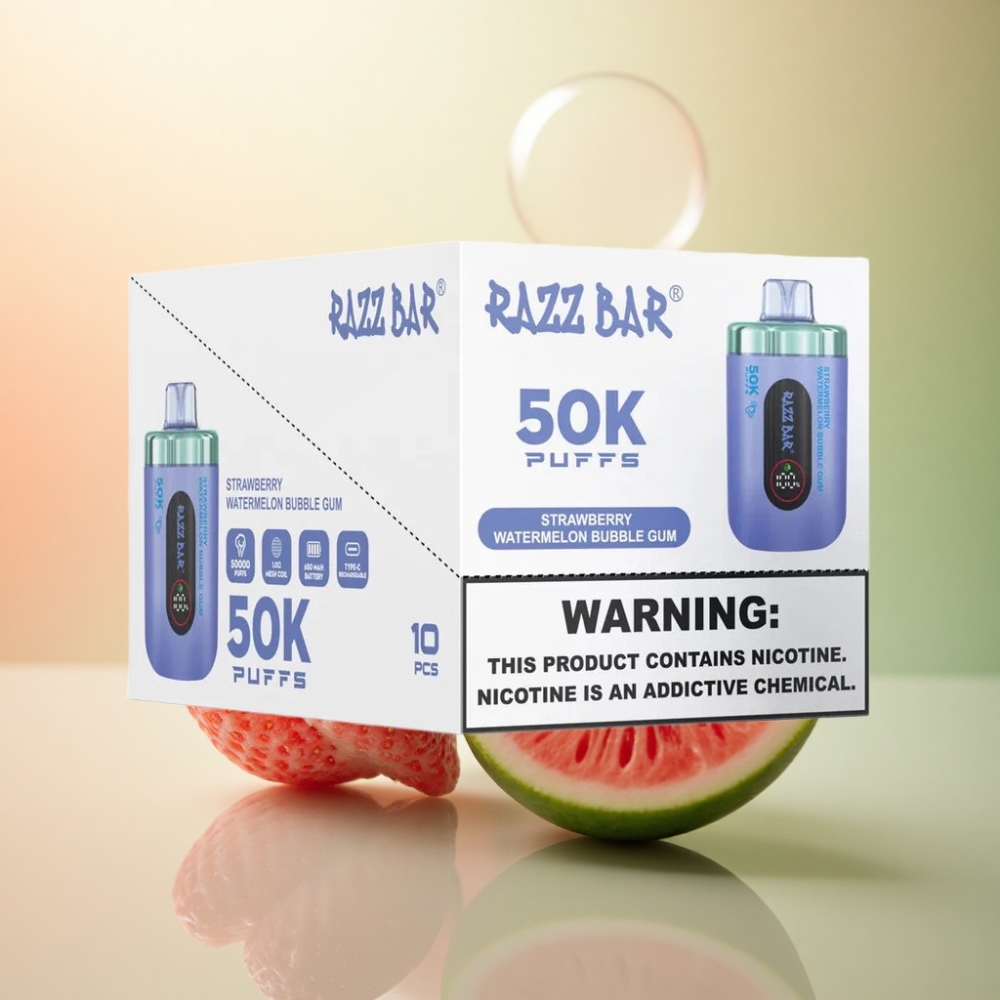 Razz Bar 50K Puffs Jordgubb Vattenmelon Tuggummi med 1.0 Ohm Mesh Coil och 650 mAh
