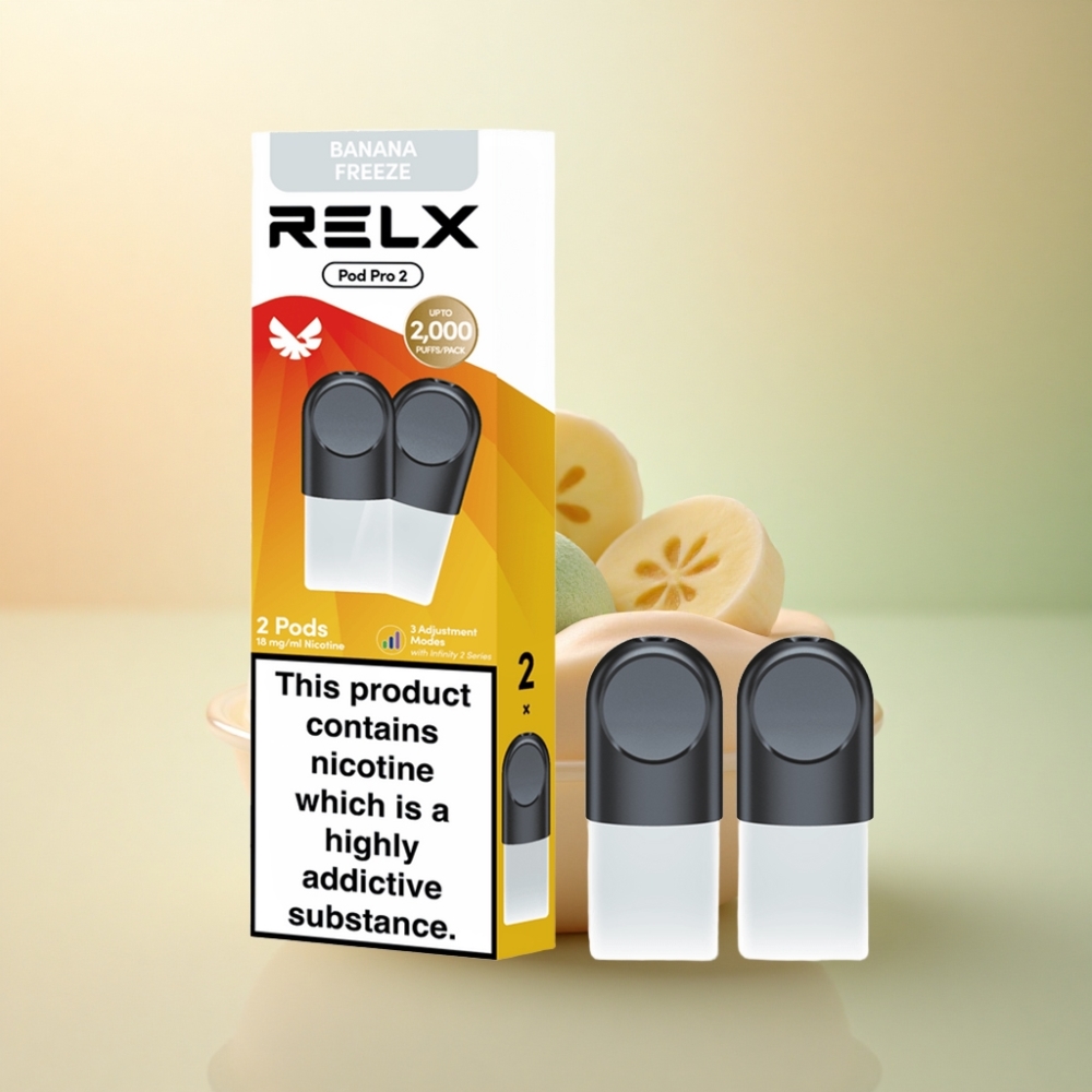 Relx Pod Pro 2 Vape Device Efterrätt-Banan Frys 18mg/ml Nikotin 1.9ml 5.5W/6.5W/8W