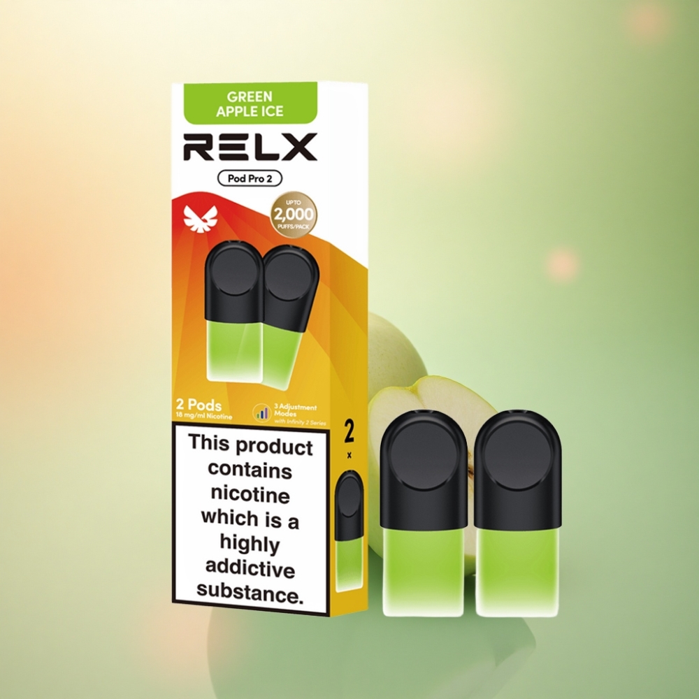 Relx Pod Pro 2 Vape Device Grönt Äpple Is 18mg/ml nikotin 1,9ml 600 puff 5,5W/6,5W/8W