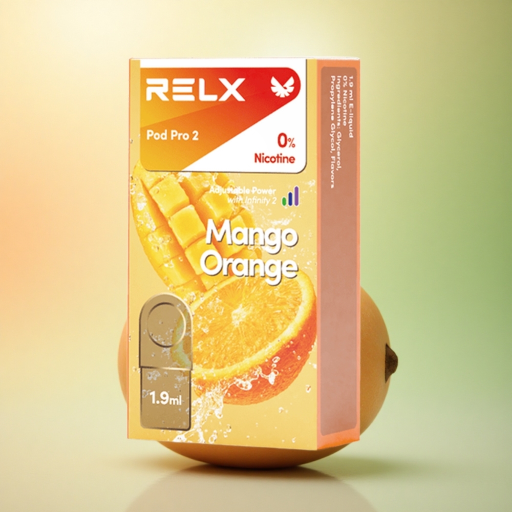 Relx Pod Pro 2 Vape Device Mango Apelsin 0mg/ml 1.9ml 5.5W/6.5W/8W 2/3 förpackning